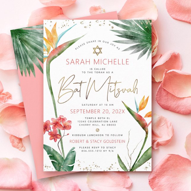 Invitation Bat mitzvah tropical Floral Aquarelle Gold Script (Créateur téléchargé)