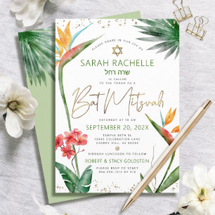 Invitation Bat mitzvah Tropical Gold Script Floral Aquarelle