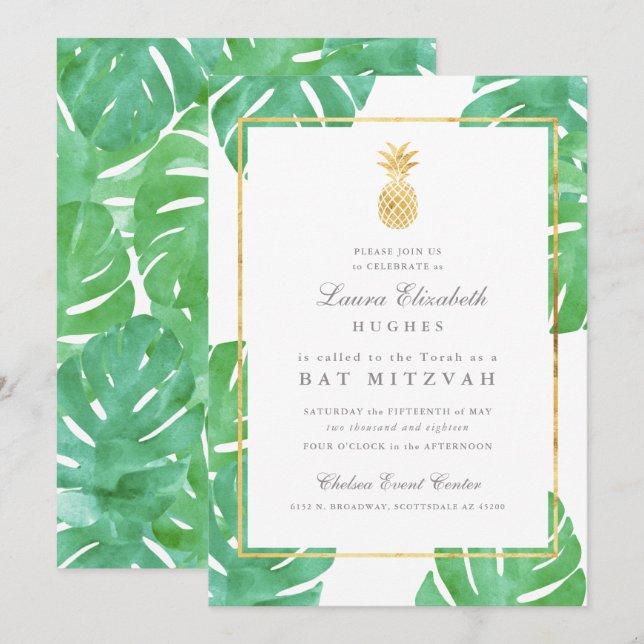 Invitation Bat Mitzvah tropicale à l'ananas (Devant / Derrière)