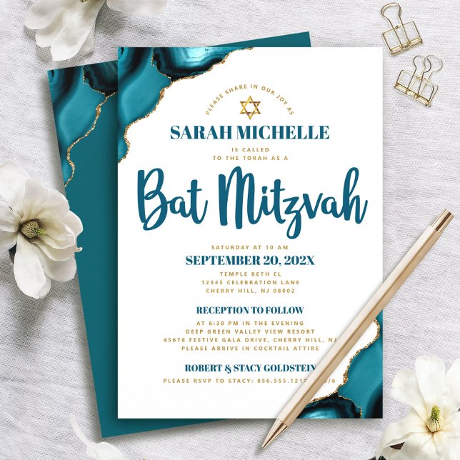 Invitation Bat Mitzvah Turquoise Agate Script 2 Lieu Moderne (Créateur téléchargé)