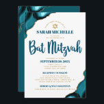 Invitation Bat mitzvah Turquoise Agate Script 2 Lieu Moderne<br><div class="desc">Soyez fier, réjouissez-vous et présentez cette étape importante de votre Bat mitzvah préféré ! Envoyer cette invitation cool, unique, moderne, personnalisée pour un événement à retenir. La typographie de script bleu foncé et l'étoile faux or de David superposent un arrière - plan blanc simple et propre avec agate bleu turquoise...</div>
