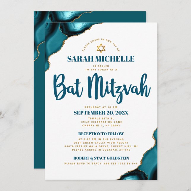 Invitation Bat mitzvah Turquoise Agate Script 2 Lieu Moderne (Devant / Derrière)