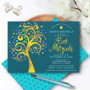 Invitation Bat mitzvah Turquoise Bleu Chic Or Arbre de vie