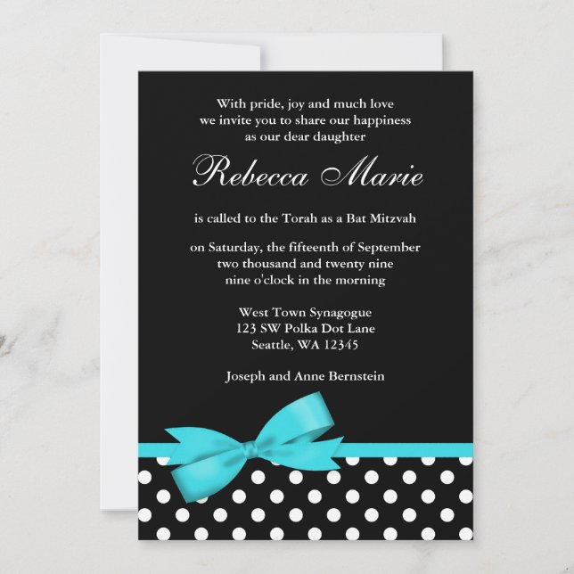 Invitation Bat mitzvah turquoise bleu et noir Pois Bow (Devant)