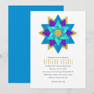 Invitation Bat mitzvah Turquoise bleu violet Aqua Star Flower