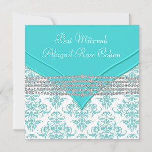 Invitation Bat mitzvah Turquoise Blue Damask