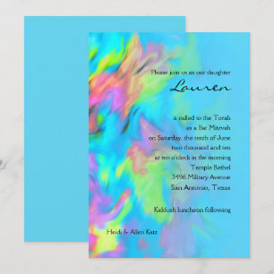 Invitation Bat mitzvah Turquoise Blue Lime Pink Tie Dye