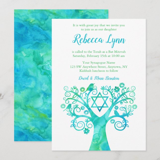 Invitation Bat mitzvah turquoise d'aquarelle verte Arbre de v (Devant / Derrière)