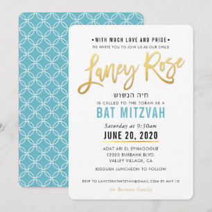 Invitation BAT MITZVAH turquoise en or bleu script LANEY ROSE