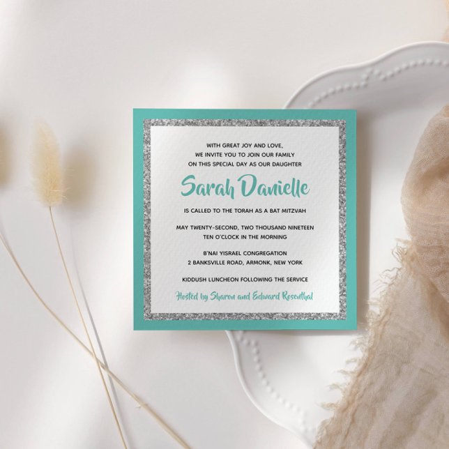 Invitation Bat mitzvah Turquoise et Carré argenté (Créateur téléchargé)