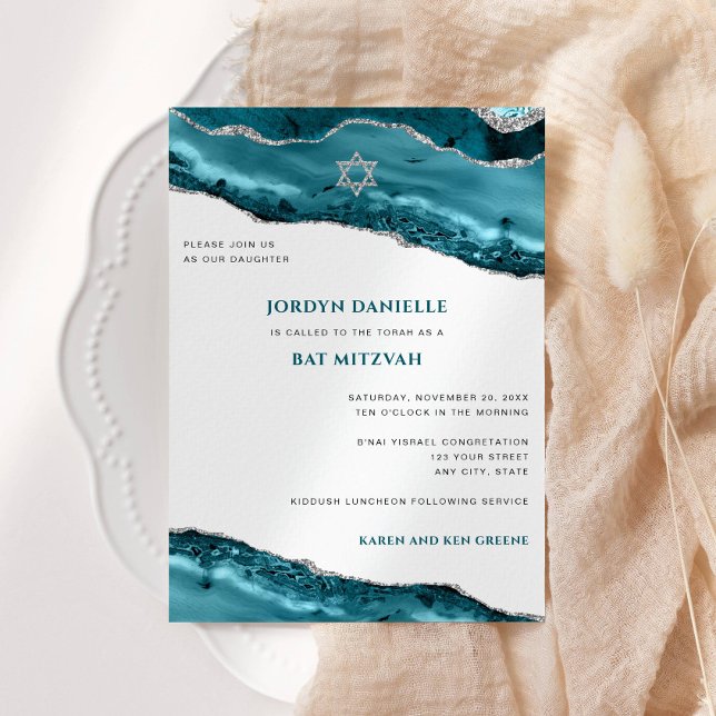 Invitation Bat mitzvah Turquoise et Silver Agate moderne (Créateur téléchargé)