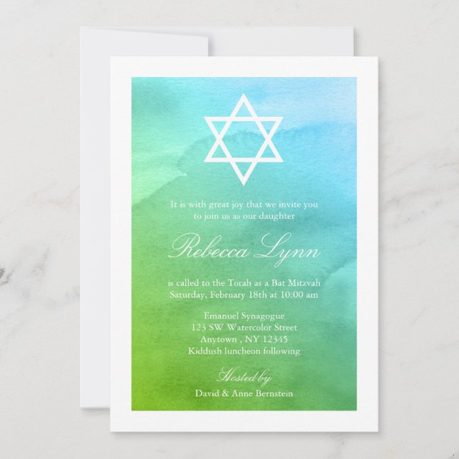 Invitation Bat mitzvah turquoise et vert aquarelle (Devant)