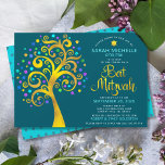 Invitation Bat mitzvah Turquoise Gold Foil Script Arbre de vi<br><div class="desc">Soyez fier, réjouissez-vous et présentez cette étape importante de votre Bat mitzvah préféré ! Ce faux arbre graphique en feuille d'or avec brillant turquoise, turquoise, violet et bleu étoile de David et point "feuilles" sur un riche, turquoise bleu arrière - plan est l'invitation parfaite pour cette occasion spéciale. Une toute...</div>