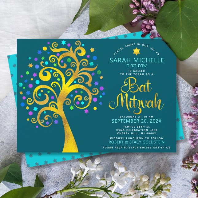 Invitation Bat mitzvah Turquoise Gold Foil Script Arbre de vi (Créateur téléchargé)