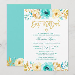 Invitation Bat mitzvah   Turquoise Mint Gold Floral