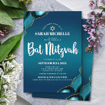 Invitation Bat Mitzvah Turquoise Ombré Agate Écriture Moderne<br><div class="desc">Soyez fiers, réjouissez-vous et mettez en valeur ce jalon de votre Bat Mitzvah préférée ! Envoyez cette invitation unique, moderne et personnalisée pour un événement inoubliable. La typographie de script blanc et l'étoile de David en faux or se superposent sur un fond ombré turquoise bleu sarcelle foncé avec de l'agate...</div>