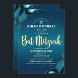 Invitation Bat mitzvah Turquoise Ombre Agate Gold Script Bold<br><div class="desc">Soyez fier, réjouissez-vous et présentez cette étape importante de votre Bat mitzvah préféré ! Envoyez cette invitation de nom hébreu, cool, unique, moderne, personnalisée, pour un événement à retenir. Typographie du scénario de feuille d'or Faux, typographie blanche sans serif, et une fausse étoile d'or de David superposent un turquoise bleu...</div>