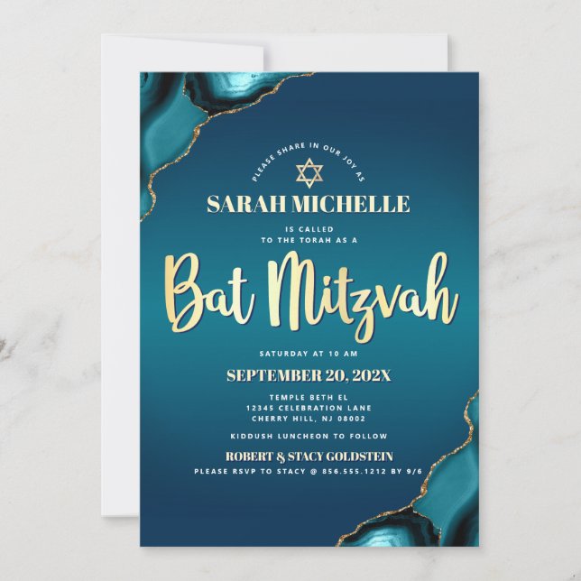 Invitation Bat mitzvah Turquoise Ombre Agate Gold Script chic (Devant)
