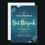 Invitation Bat mitzvah Turquoise Ombre Agate Gold Script chic<br><div class="desc">Soyez fier, réjouissez-vous et présentez cette étape importante de votre Bat mitzvah préféré ! Envoyer cette invitation cool, unique, moderne, personnalisée pour un événement à retenir. Typographie du scénario de feuille d'or Faux, typographie blanche sans serif, et une fausse étoile d'or de David superposent un turquoise bleu foncé et turquoise,...</div>