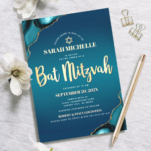Invitation Bat Mitzvah Turquoise Ombré Agate Or Script Chic