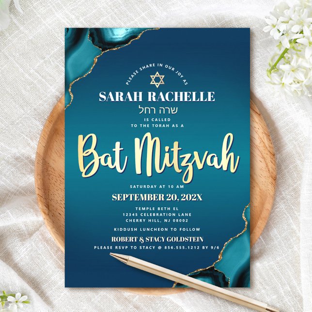 Invitation Bat Mitzvah Turquoise Ombré Agate Or Script Gras (Créateur téléchargé)