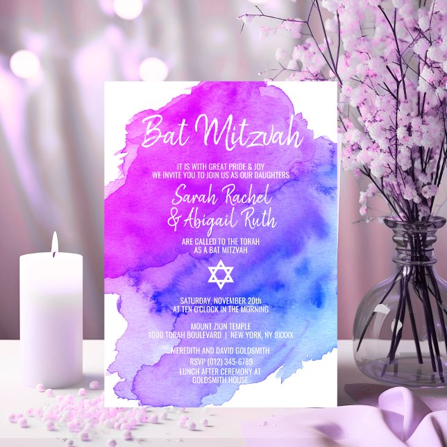 Invitation Bat mitzvah Twin Watercolor violet bleu étoile (Twins Watercolor Purple Blue Star BAT MITZVAH Invitation)