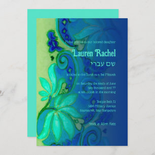 Invitation Bat mitzvah Vert Aqua Bleu Bohème Floral