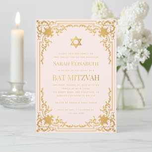 Invitation Bat mitzvah Vintage Rose Faux Gold Star Religieux
