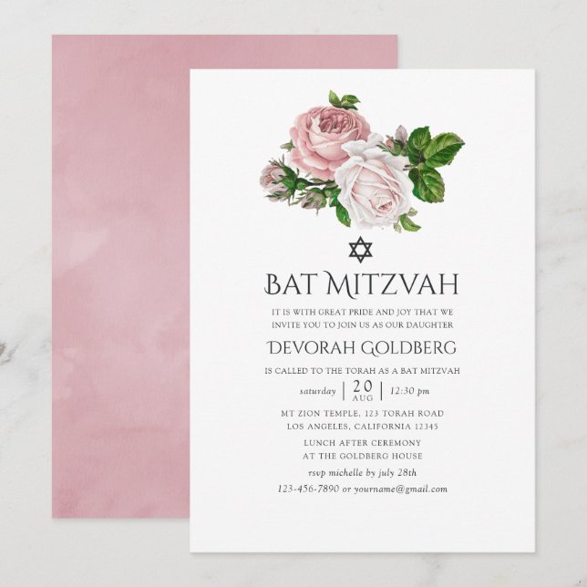 Invitation Bat mitzvah vintage rose pâle (Devant / Derrière)