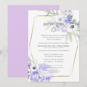 Invitation BAT MITZVAH   Violet Anémone Floral Verse 3