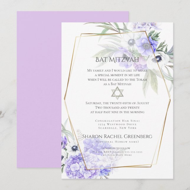Invitation BAT MITZVAH | Violet Anémonique Floral Verse 1 (Devant / Derrière)