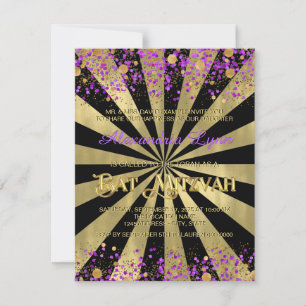 Invitation Bât Mitzvah violet et or en feuille