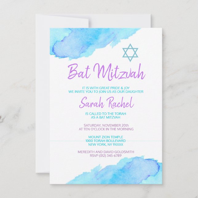 Invitation Bat mitzvah violet turquoise (Devant)