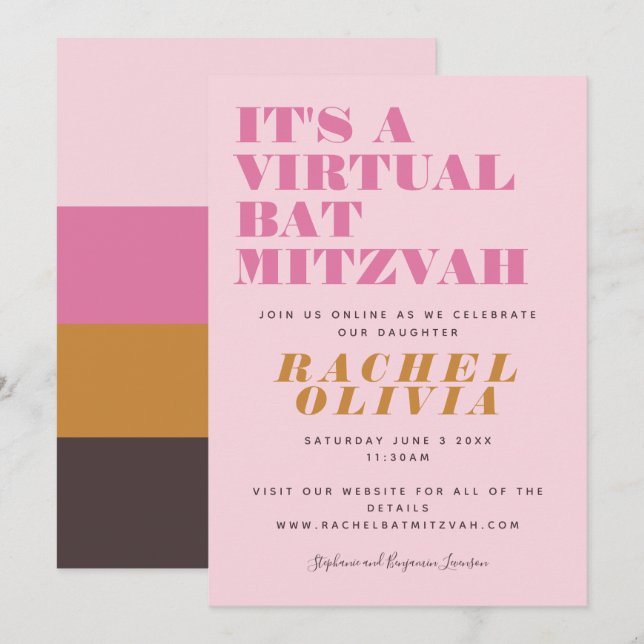 Invitation Bat mitzvah virtuel en ligne rose jaune (Devant / Derrière)
