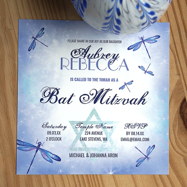 Invitation Bat mitzvah Whimsy Dusty Blue Dragonflies (Princess blue sparkle and shine design with star of david and dragonflies)