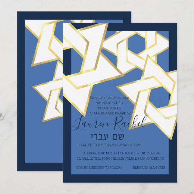 Invitation Bat mitzvah White Gold Star de David (Devant / Derrière)