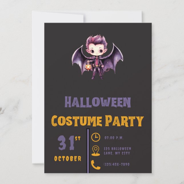 Invitation Bat Vampire Citrouille mignet moderne Black Hallow (Devant)