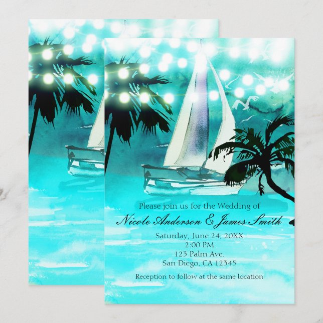 Invitation Bateau à voile à l'aquarelle Palmiers & Guirlandes (Devant / Derrière)
