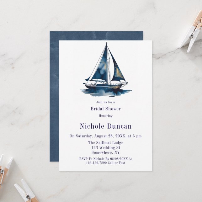 Invitation Bateau à voile bleu et or Naissance de la mariée (Devant/Arrière en situation)