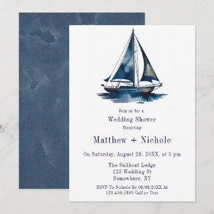 Invitation Bateau à voile bleu et or pour mariage nautique