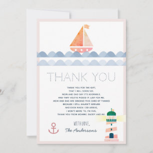 Invitation Bateau à voile et phare Baby shower rose Merci