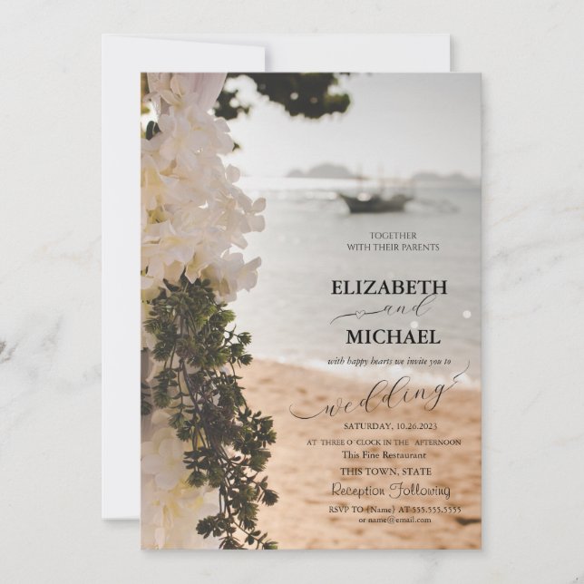 Invitation Bateau à Voile Fleurs Script Mariage sur la Plage (Devant)