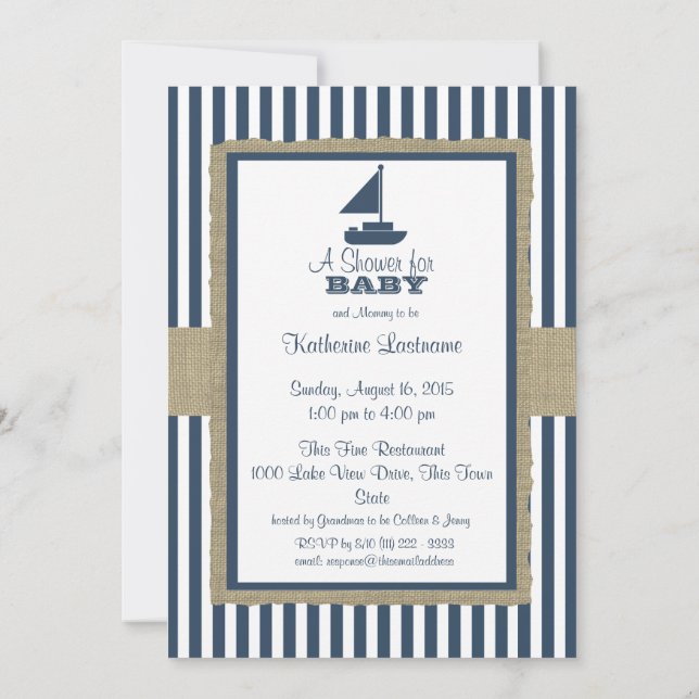 Invitation Bateau à voile Marine Blue Stripes Baby shower (Dos)