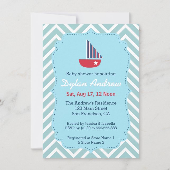 Invitation Bateau à voile Naissance bébé marin, Chevron bleu (Devant)