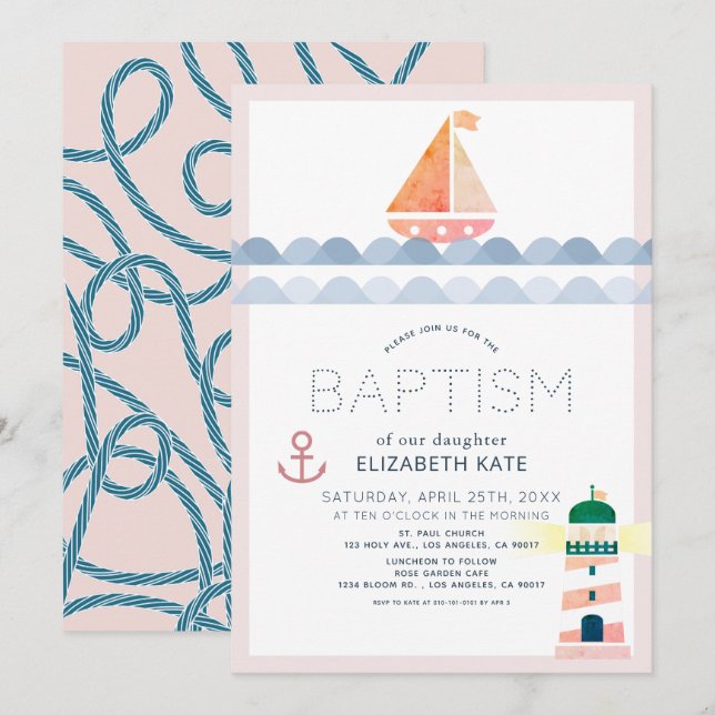 Invitation Bateau à voile nautique et phare rose fille Baptêm (Devant / Derrière)