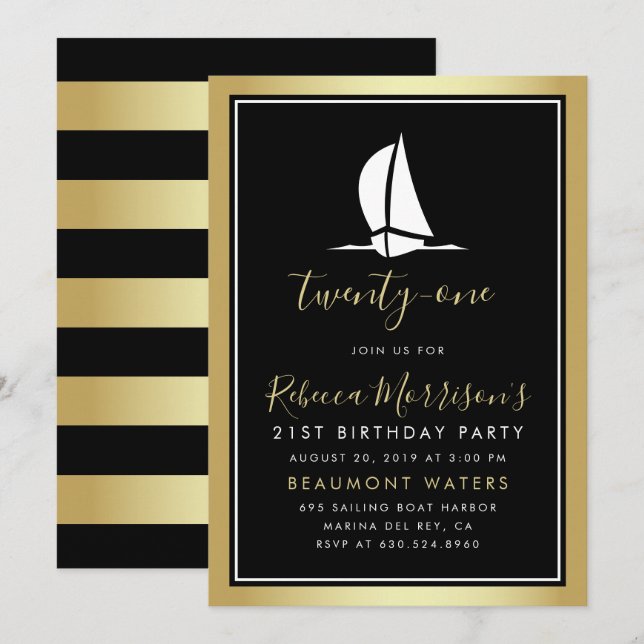 Invitation Bateau à voile noir & blanc en or officiel Anniver (Devant / Derrière)