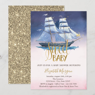 Invitation Bateau à voile Paillettes dorées Baby Shower 