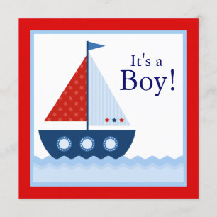Invitation Bateau à voile rouge blanc bleu Baby Shower Naissa