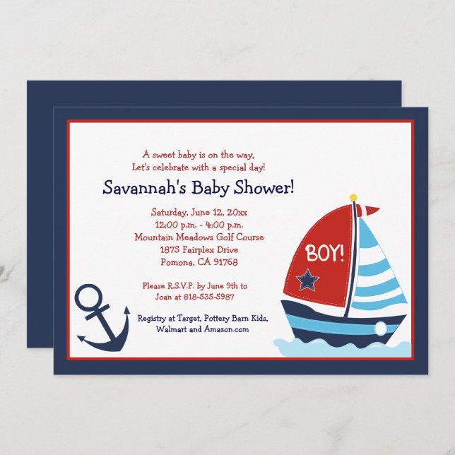 Invitation Bateau à voile rouge et bleu 5x7 Baby shower Invit (Devant / Derrière)