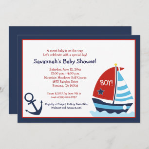 Invitation Bateau à voile rouge et bleu 5x7 Baby shower Invit